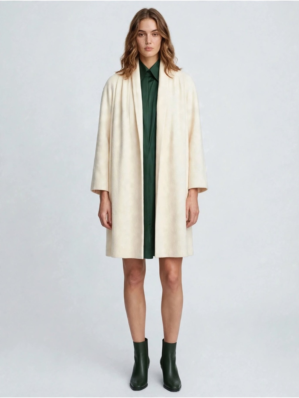 Open-Front Cream Coat with Relaxed Draping